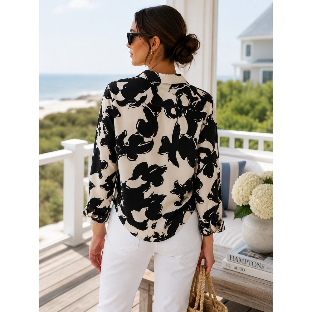 Derek Lam Black Ivory Abstract Print Tencel Button Down Blouse US M Resort Chic - Picture 2 of 6